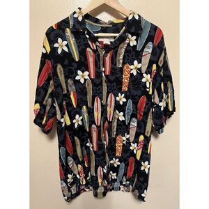 Vtg Bishop Street Hawaiian Shirt Surfboards Aloha Tropical Black Mens Size Large